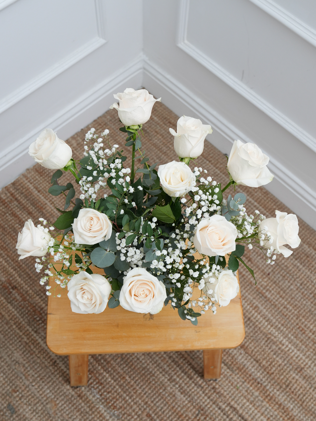 Baby Boy 12 Long Stem White Roses - Vase (Complimentary Baby Boy Balloon)