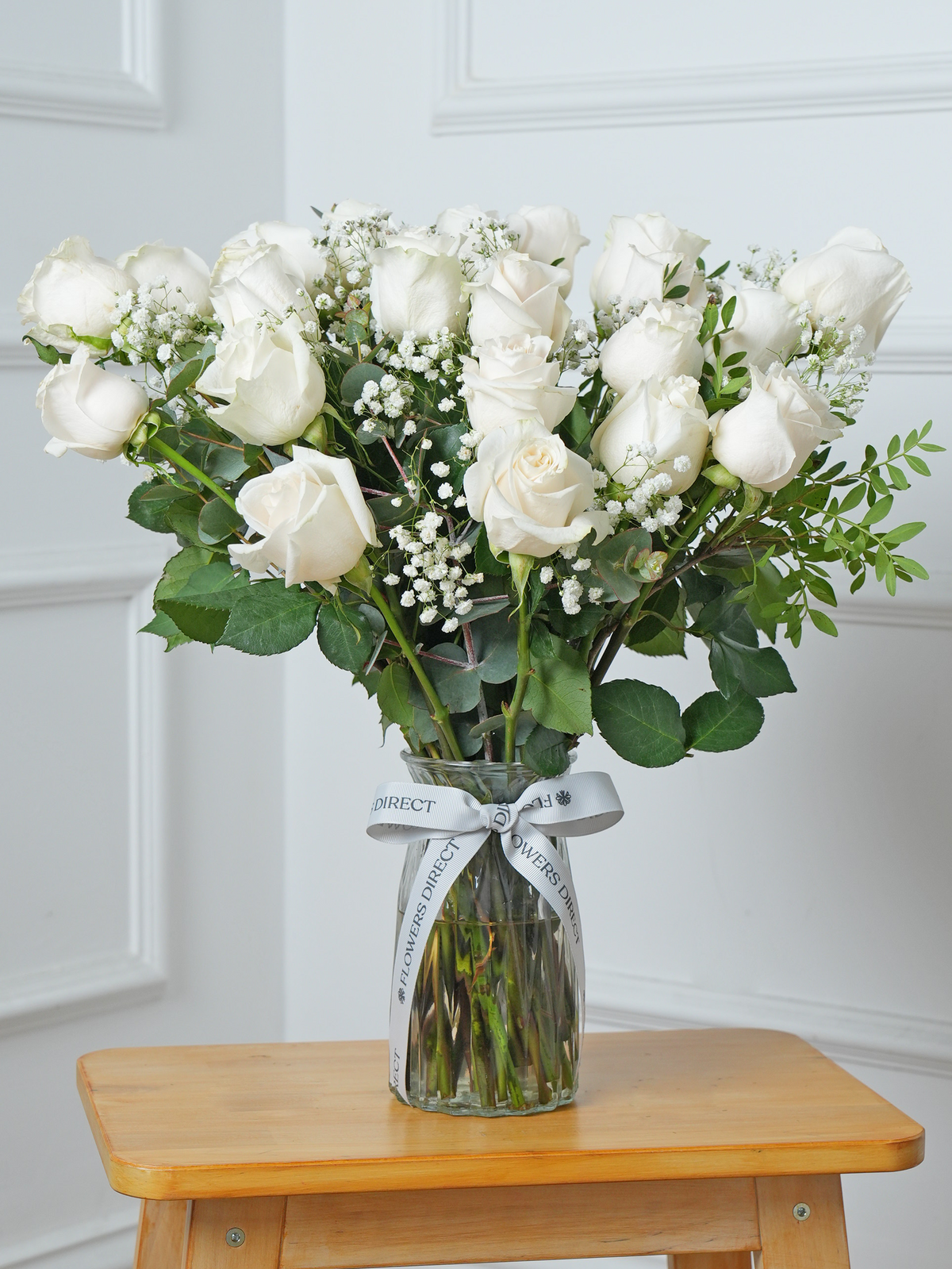 Valentine 24 Long Stem White Roses - Vase