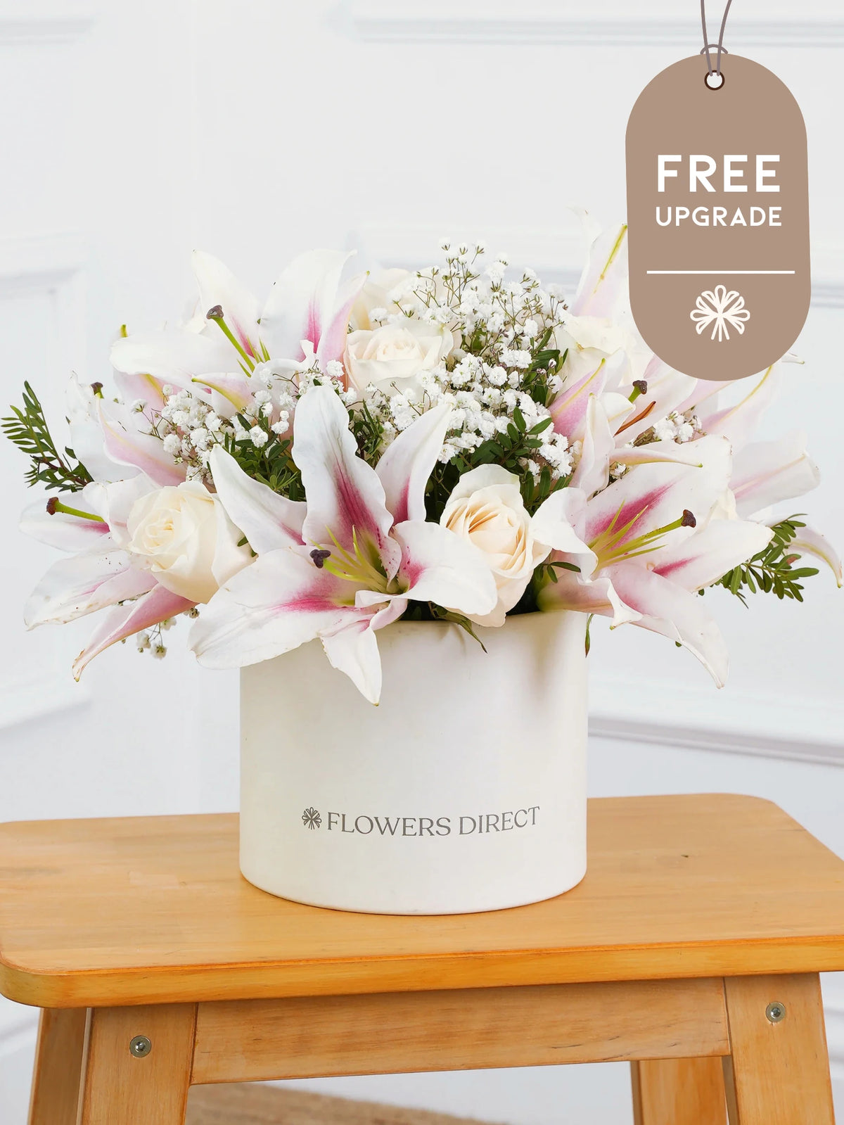 White Roses and Pink Lily Hatbox Free Upgrade