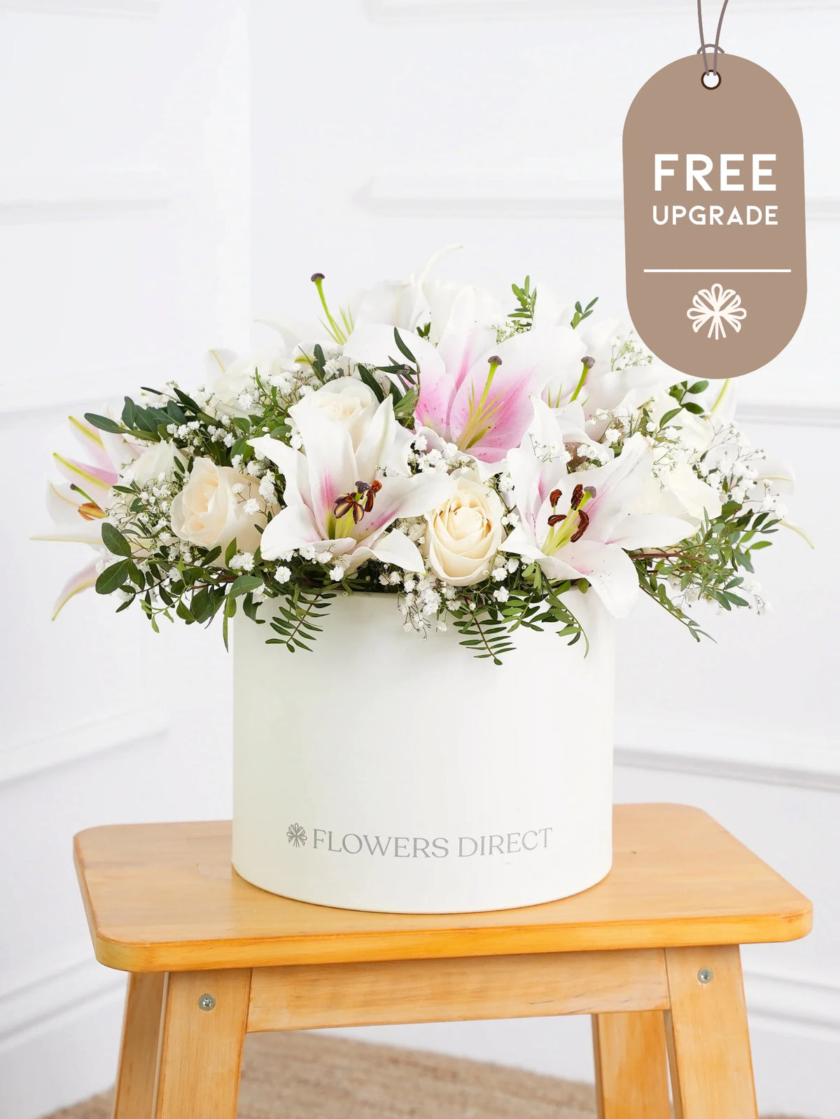 White Roses and Pink Lily Hatbox Free Upgrade