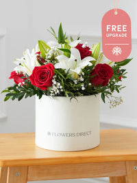 Red Roses and White Lily Hatbox Free Upgrade – Our Red Roses and White Lily Hatbox is a bold and striking floral arrangement, featuring...