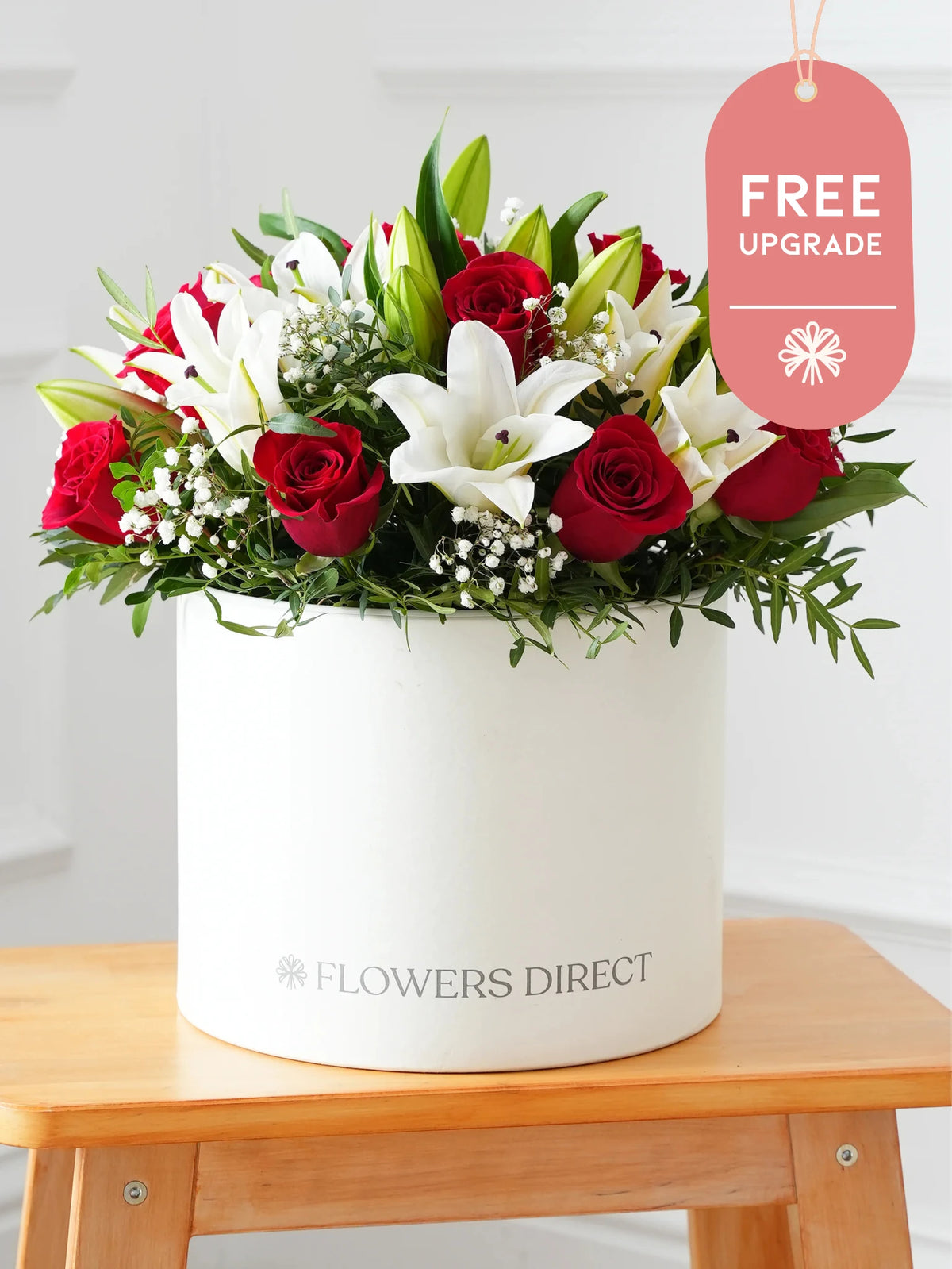 Red Roses and White Lily Hatbox Free Upgrade