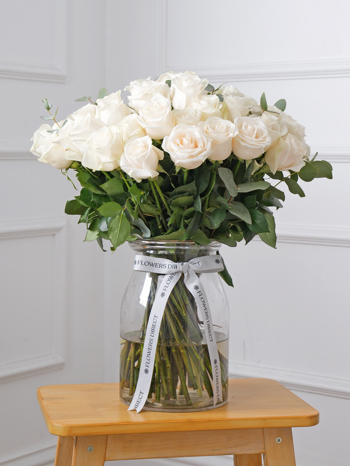 Valentine 50 Long Stem White Roses - Vase