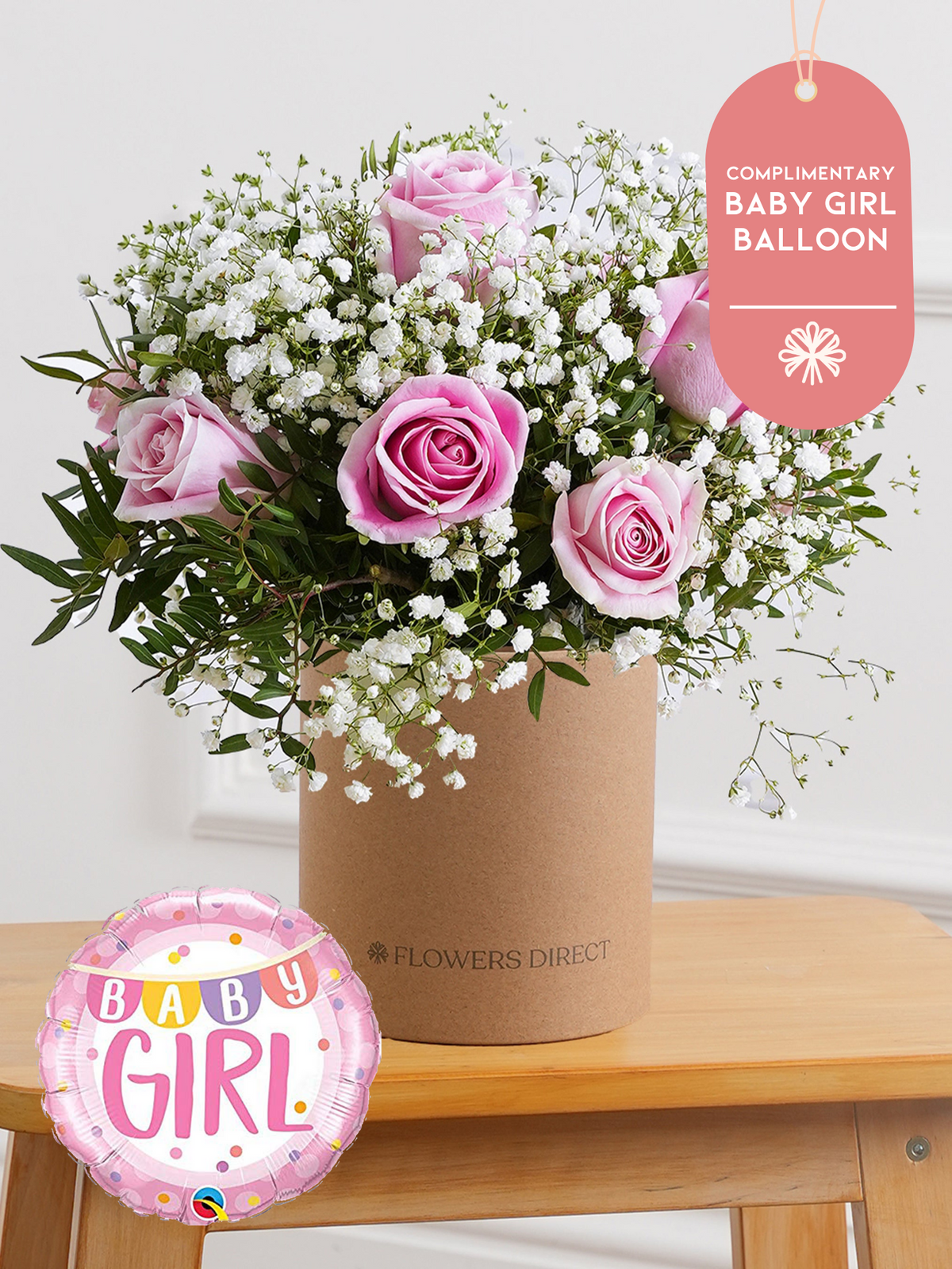 Baby Girl Pink Roses - Hatbox (Complimentary Baby Girl Balloon)