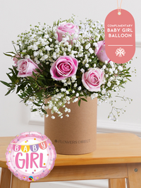 Baby Girl Pink Roses - Hatbox (Complimentary Baby Girl Balloon) – Celebrate the arrival of a precious baby girl with our enchanting Baby Girl Pink...