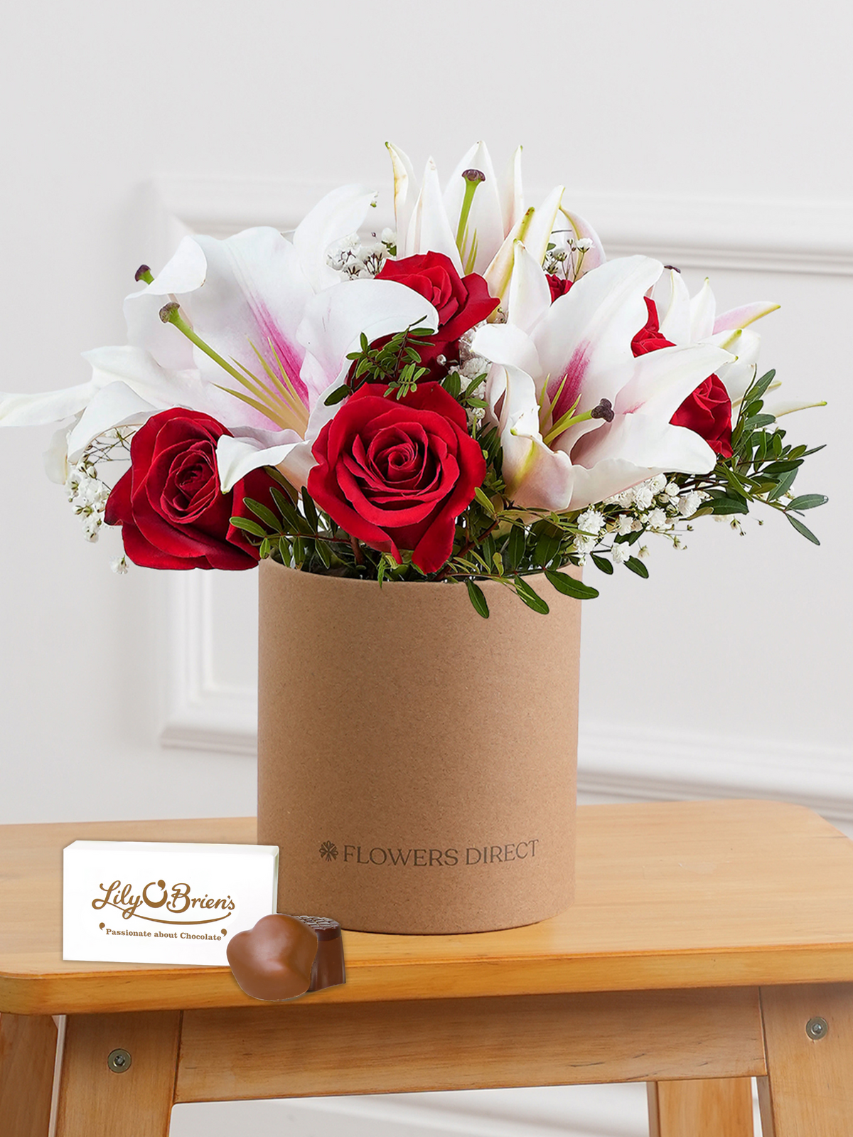 Anniversary Red Roses and Pink Lily - Hatbox with Chocolate Set