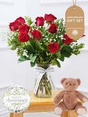Anniversary 12 Long Stem Red Roses - Vase Gift Set – Nothing expresses love quite like a dozen of the finest, large headed red roses . Our skilled...