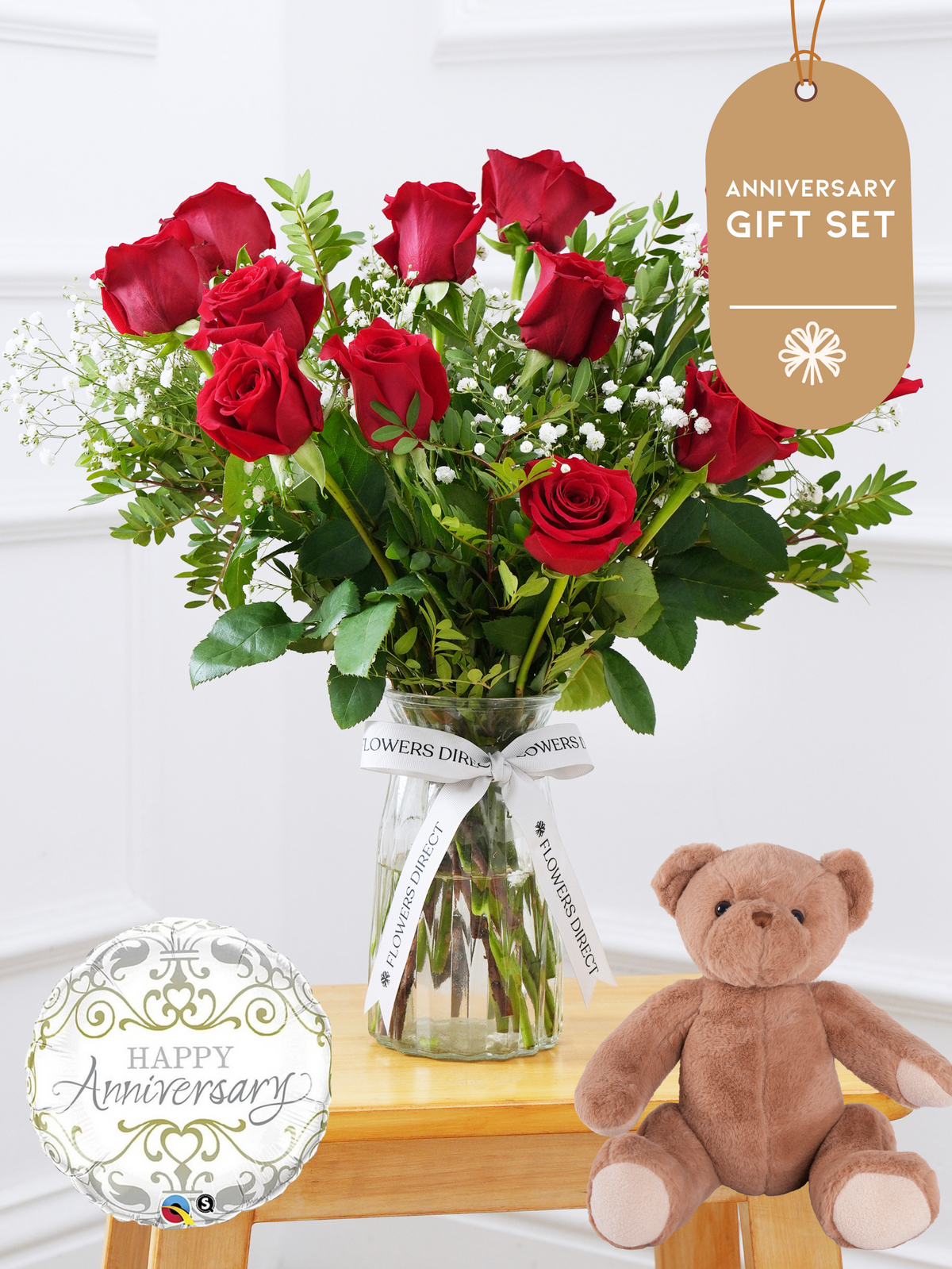 Anniversary 12 Long Stem Red Roses - Vase Gift Set