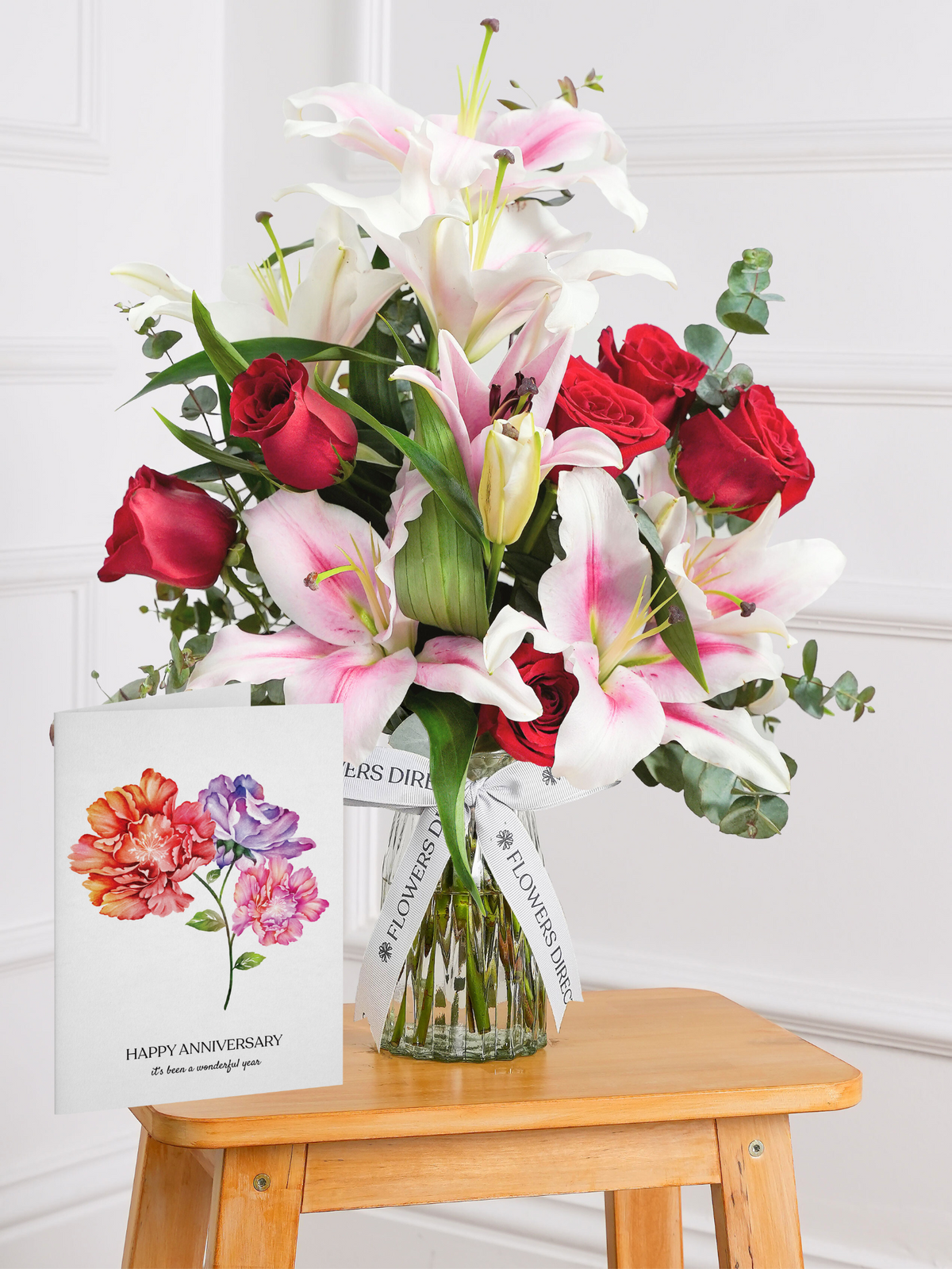 Red Roses and Pink Lily in a vase - Anniversary Gift Set