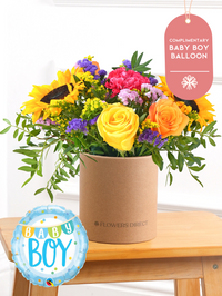 Baby Boy Colour Burst - Hatbox (Complimentary Baby Boy Balloon) –  The Baby Boy Colour Burst - Hatbox is a vibrant and joyous floral arrangement...