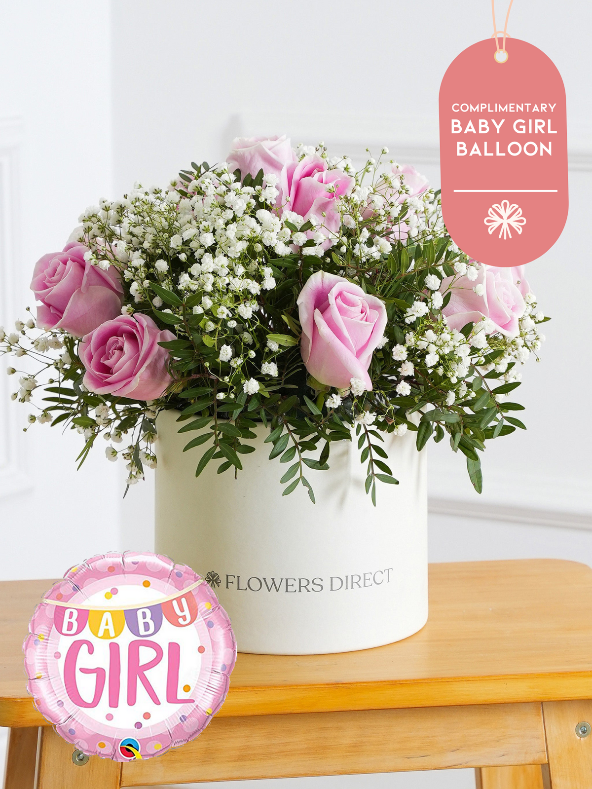 Baby Girl Pink Roses - Hatbox (Complimentary Baby Girl Balloon)