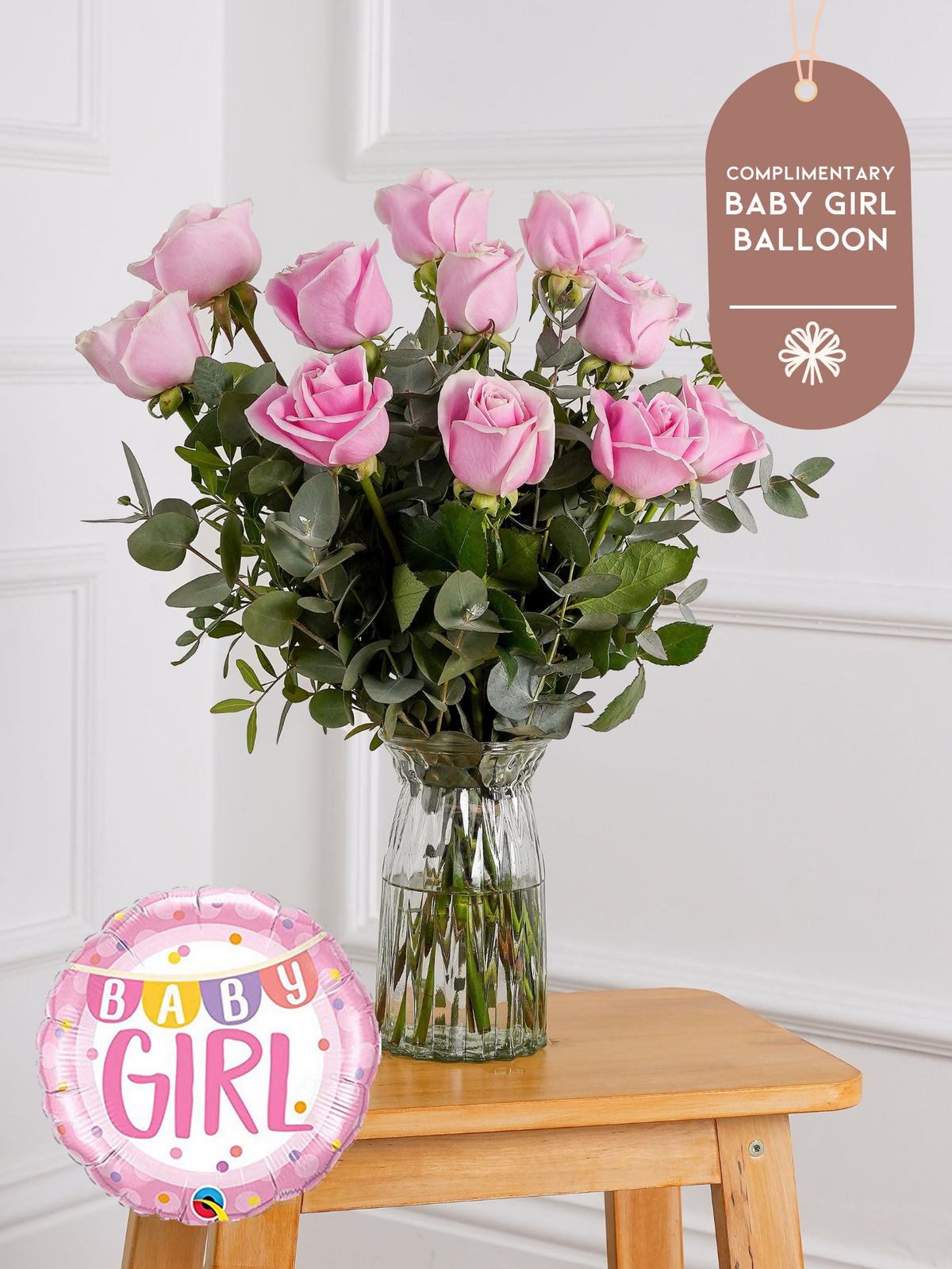 Baby Girl 12 Long Stem Pink Roses - Vase (Complimentary Baby Girl Balloon)