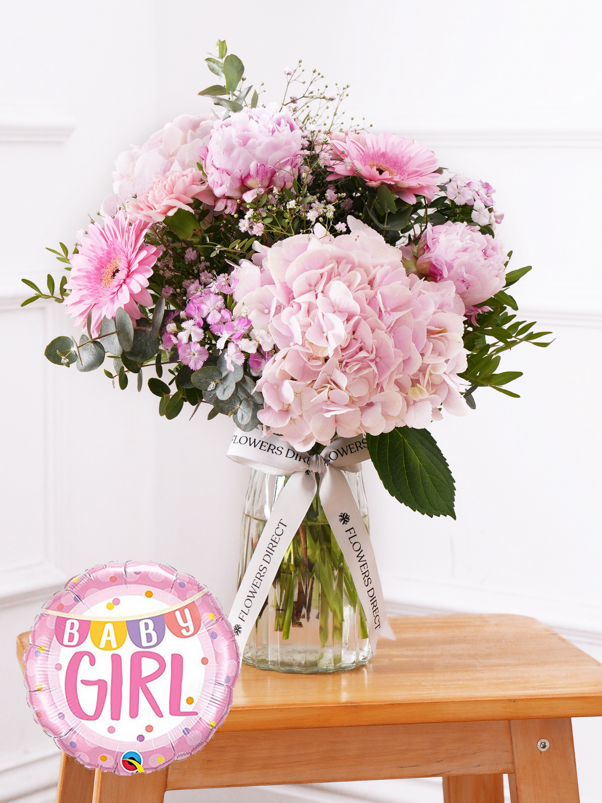 Baby Girl Peony Sweetheart - Vase (Complimentary Baby Girl Balloon)