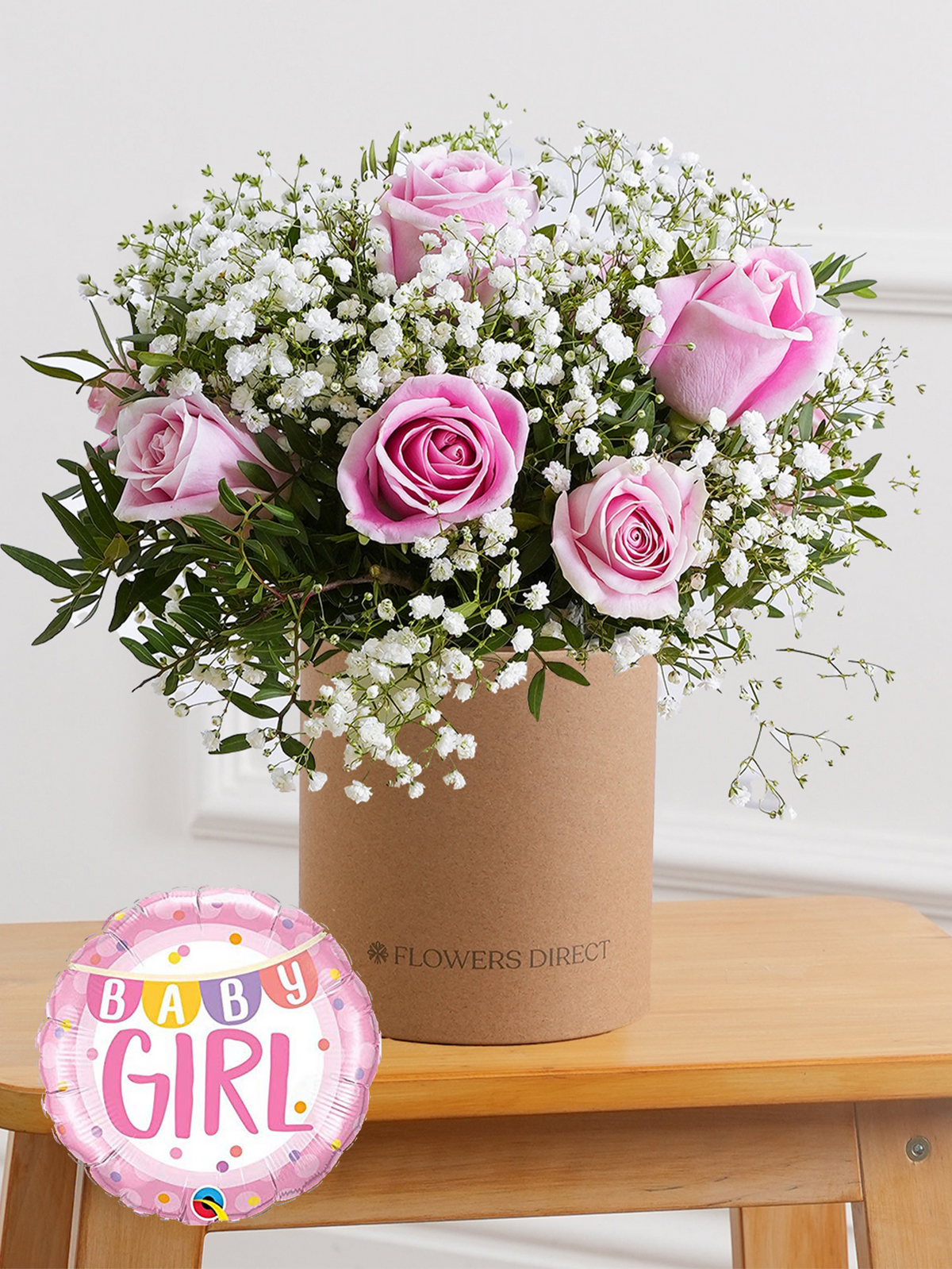 Baby Girl Pink Roses - Hatbox (Complimentary Baby Girl Balloon)