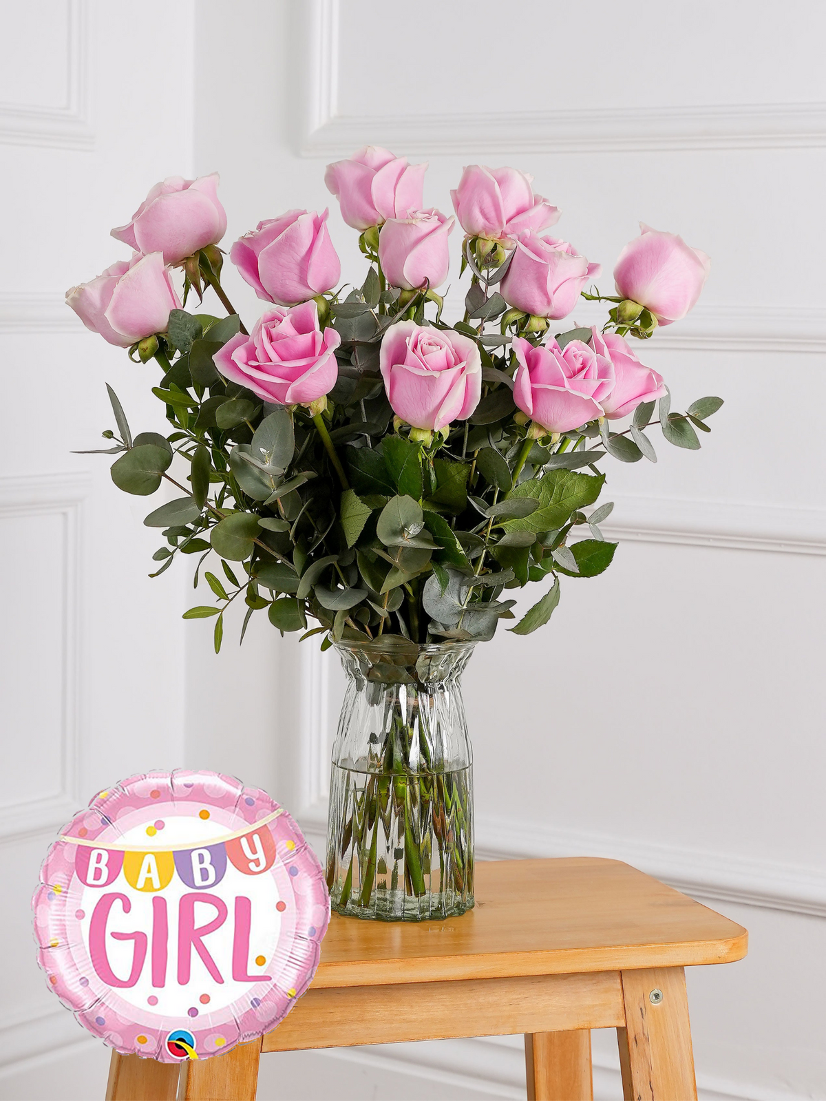 Baby Girl 12 Long Stem Pink Roses - Vase (Complimentary Baby Girl Balloon)