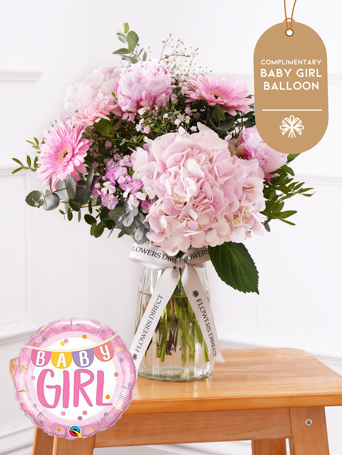 Baby Girl Peony Sweetheart - Vase (Complimentary Baby Girl Balloon)