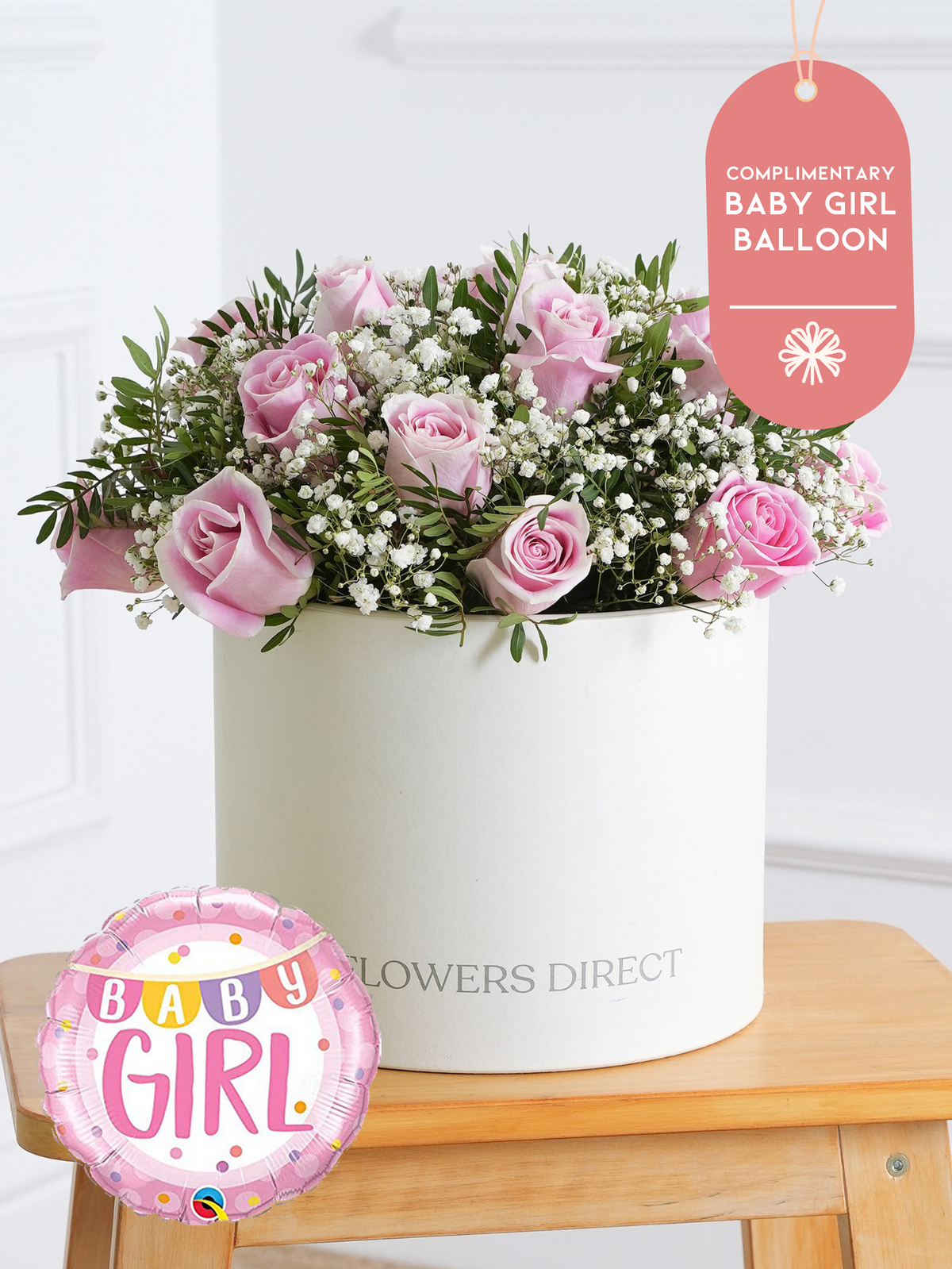 Baby Girl Pink Roses - Hatbox (Complimentary Baby Girl Balloon)