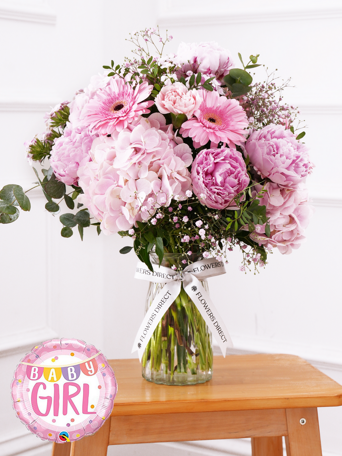 Baby Girl Peony Sweetheart - Vase (Complimentary Baby Girl Balloon)