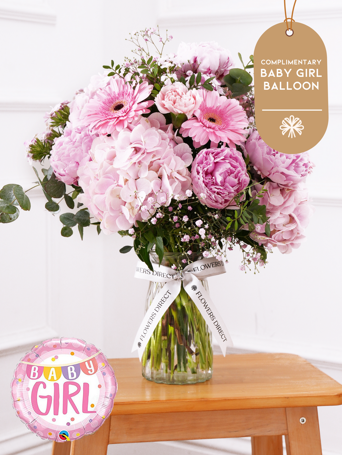 Baby Girl Peony Sweetheart - Vase (Complimentary Baby Girl Balloon)