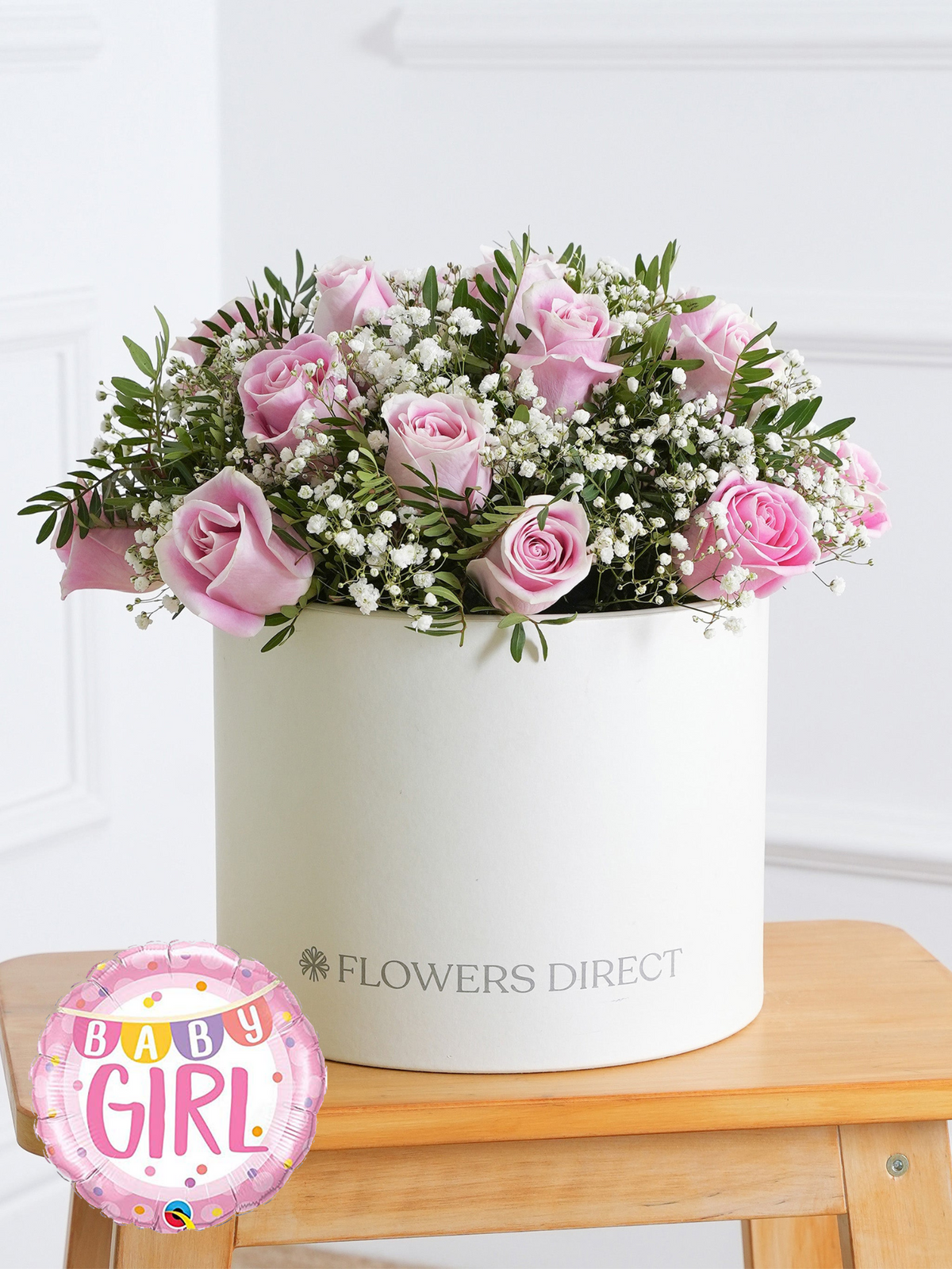 Baby Girl Pink Roses - Hatbox (Complimentary Baby Girl Balloon)