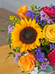 Colour Burst Hatbox Gift Set – Brighten up any room with our "Colour Burst" arrangement, featuring stunning sunflowers, cerise carnations,...