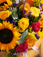 Colour Burst Basket – Brighten up any room with our Colour Burst basket arrangement, featuring stunning sunflowers, cerise...