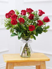 Birthday 12 Long Stem Red Roses - Vase – Nothing expresses love quite like a dozen of the finest, large headed Naomi red roses....