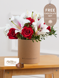 Anniversary Red Roses and Pink Lily - Hatbox with Chocolate Set – Our Red Roses and Pink Lily Hatbox is a stunning combination of passion and...