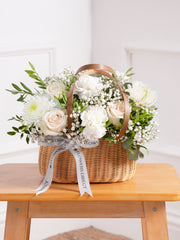 Sympathy Simply White Basket – A charming all-white basket of roses, carnations, chrysanthemums, and gypsophilia with pistach greenery and...