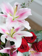 Red Roses and Pink Lily Vase – This is a very elegant bouquet, featuring large headed Naomi Red roses with scented...
