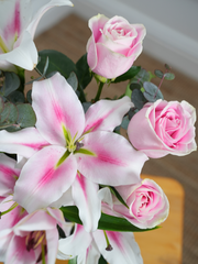 Pink Roses and Pink Lily Vase – This is a very elegant bouquet, featuring large-headed pink roses and scented pink oriental...