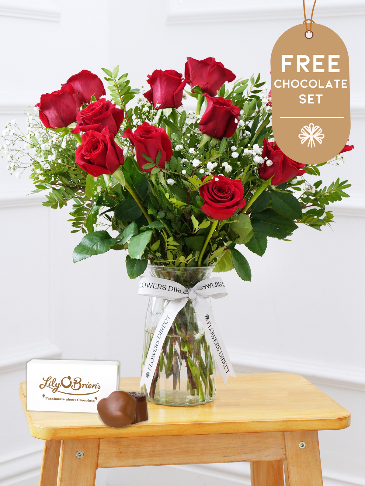 Anniversary 12 Long Stem Red Roses - Vase with Chocolate Set