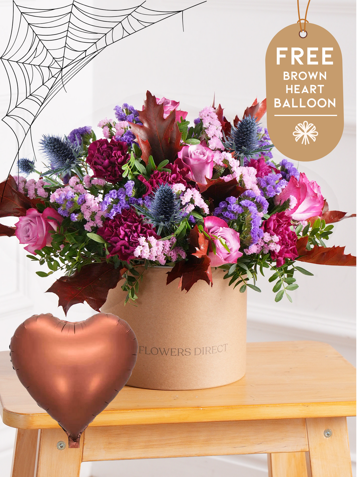 Autumn Purple Majesty - Hatbox with Free Brown Heart Balloon