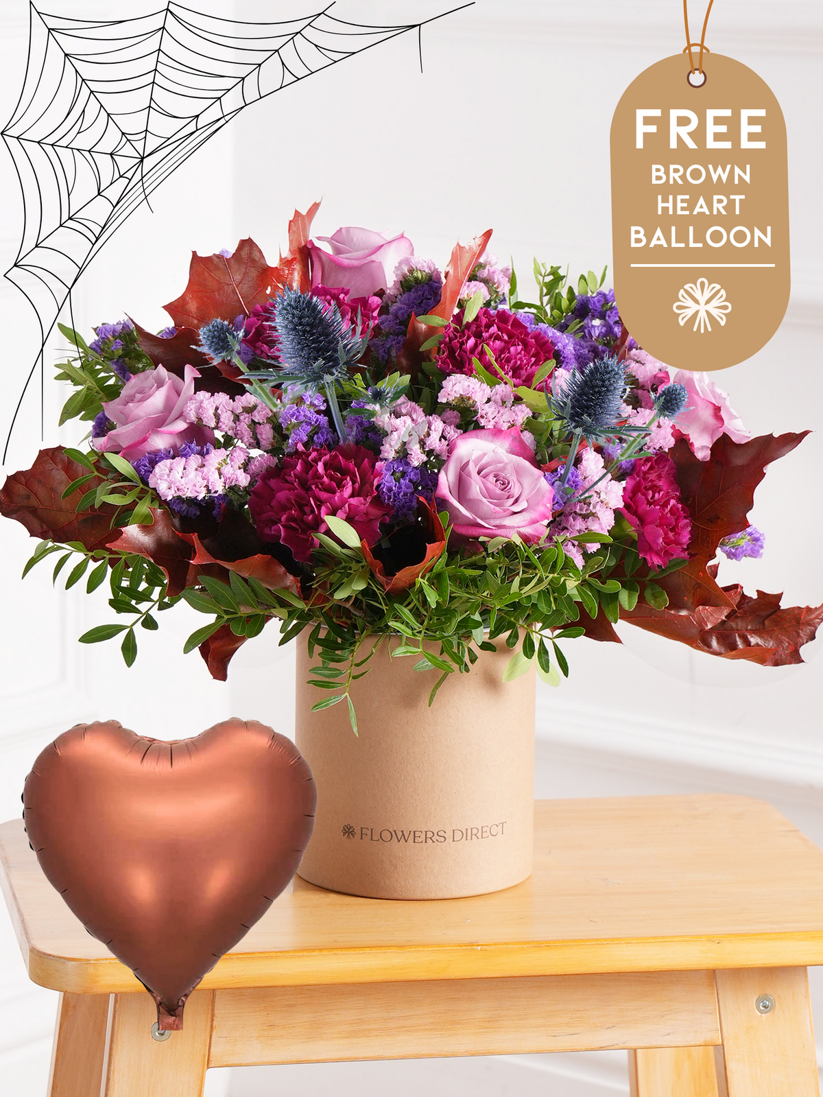 Autumn Purple Majesty - Hatbox with Free Brown Heart Balloon