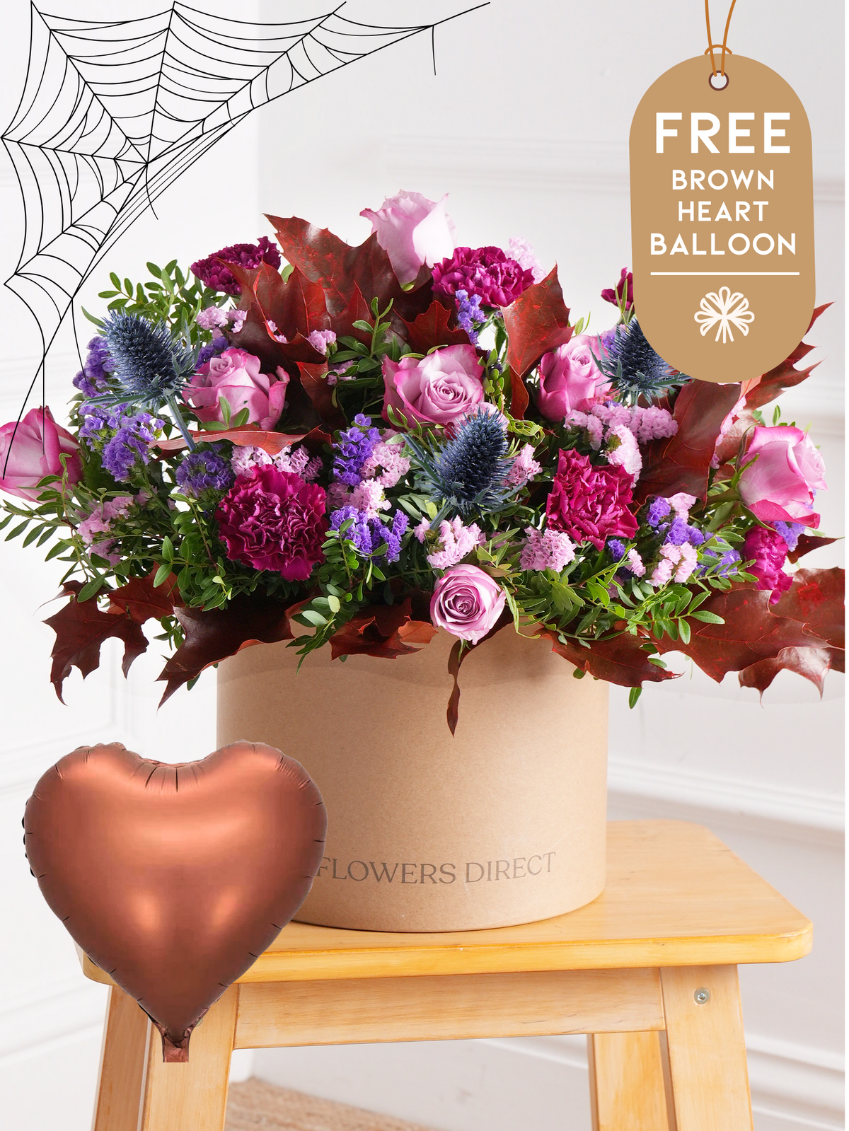 Autumn Purple Majesty - Hatbox with Free Brown Heart Balloon