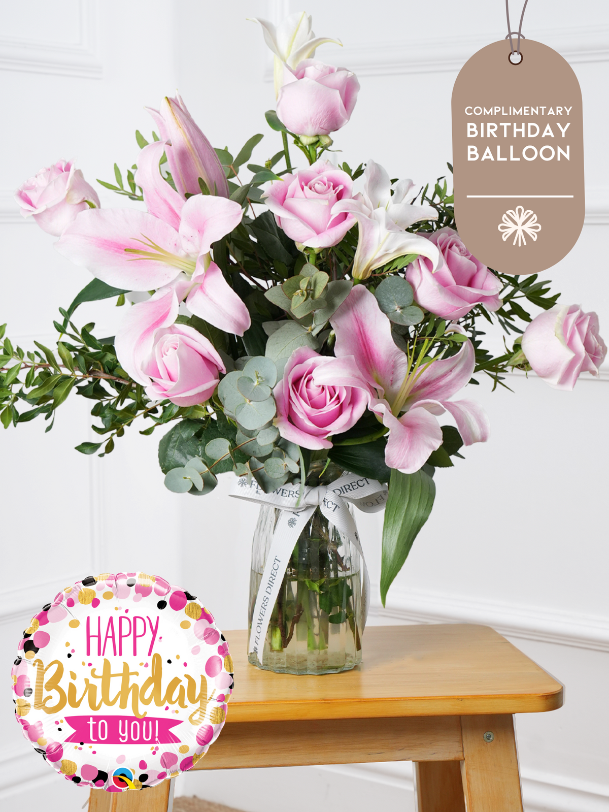 Birthday Pink Roses and Pink Lily - Vase (Complimentary Birthday Balloon)