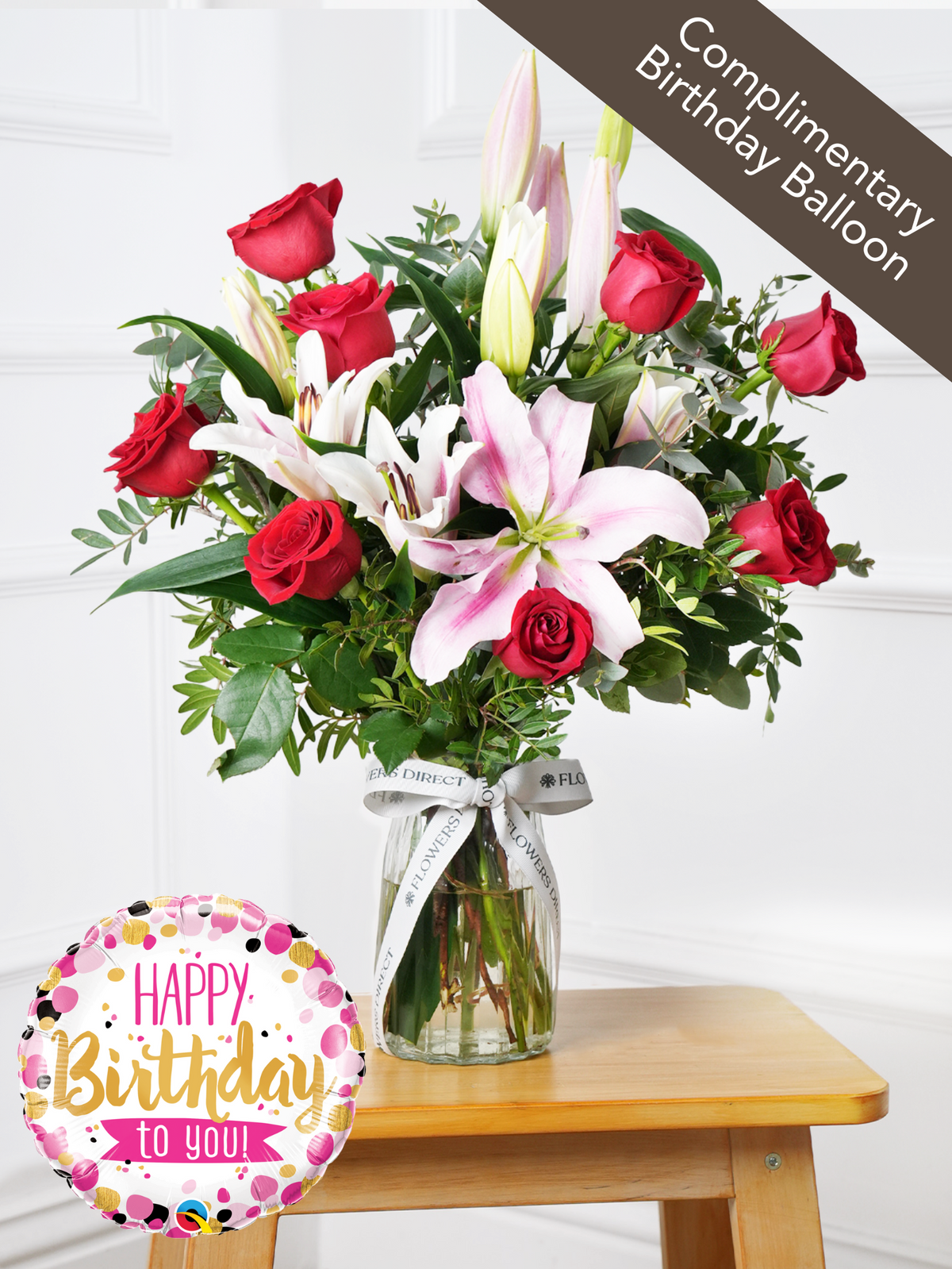 Birthday Red Roses and Pink Lily - Vase (Complimentary Birthday Balloon)