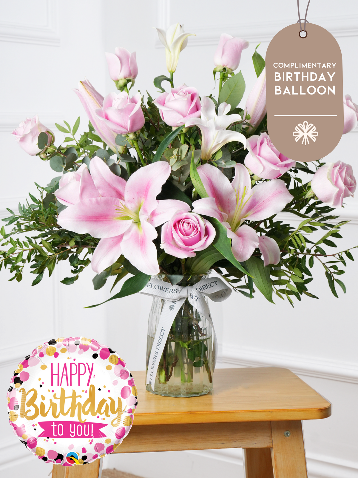 Birthday Pink Roses and Pink Lily - Vase (Complimentary Birthday Balloon)