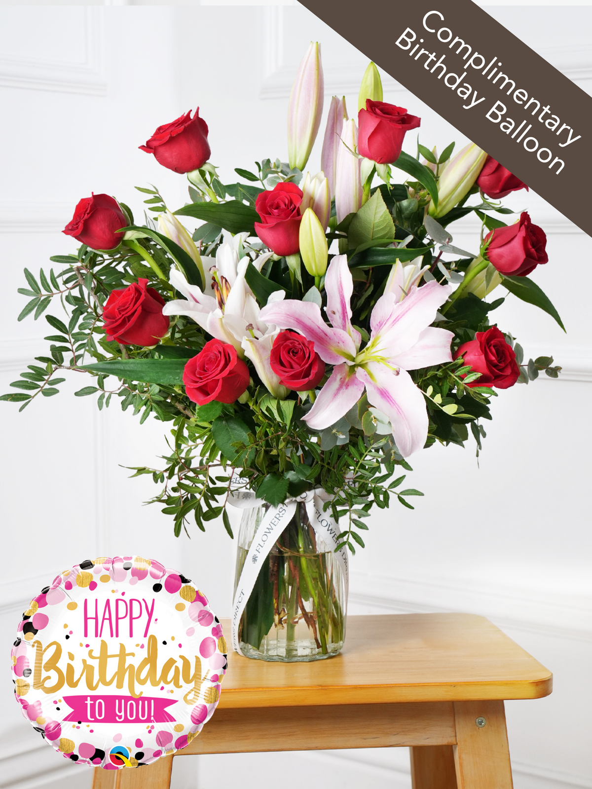 Birthday Red Roses and Pink Lily - Vase (Complimentary Birthday Balloon)