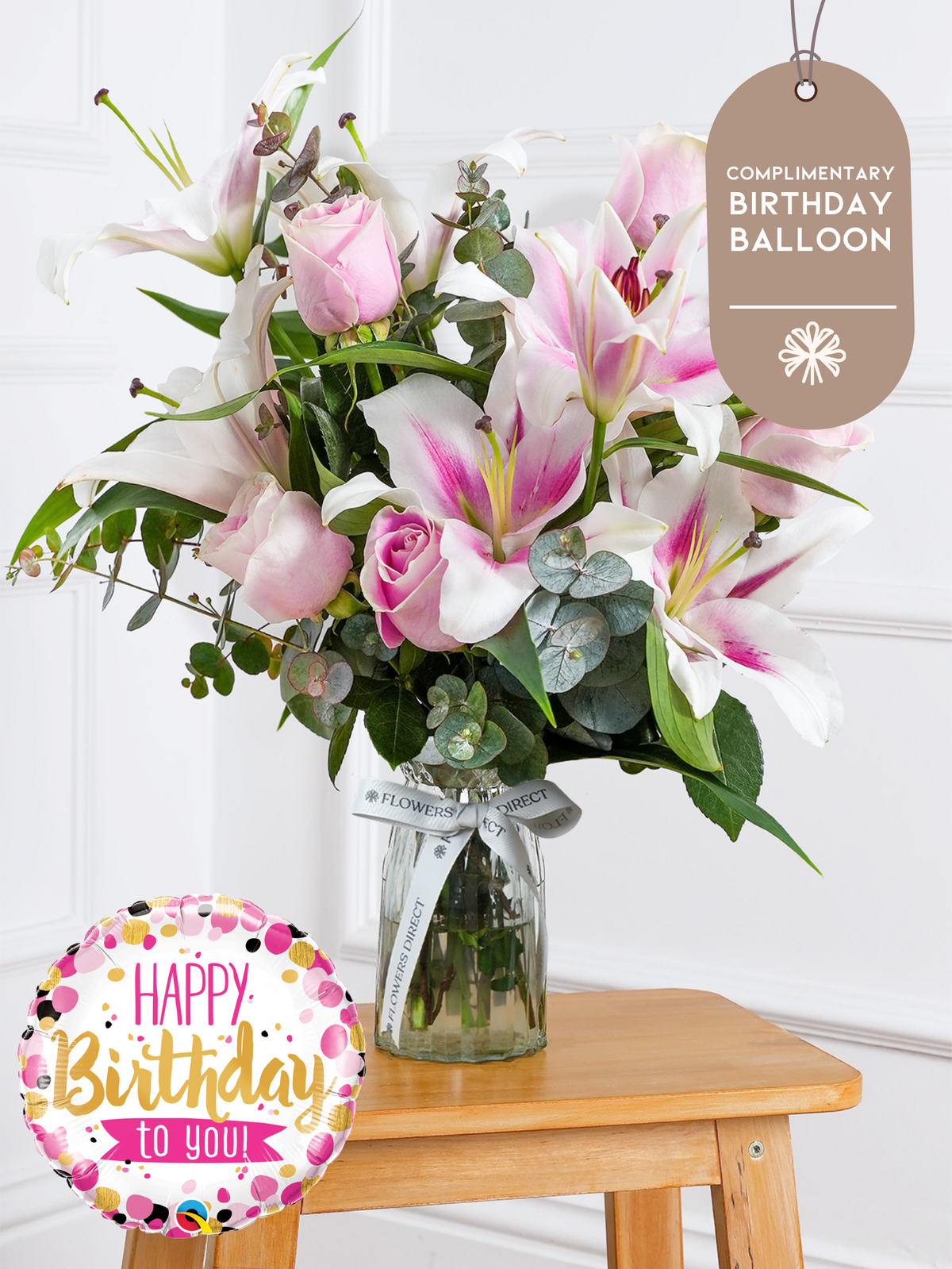 Birthday Pink Roses and Pink Lily - Vase (Complimentary Birthday Balloon)