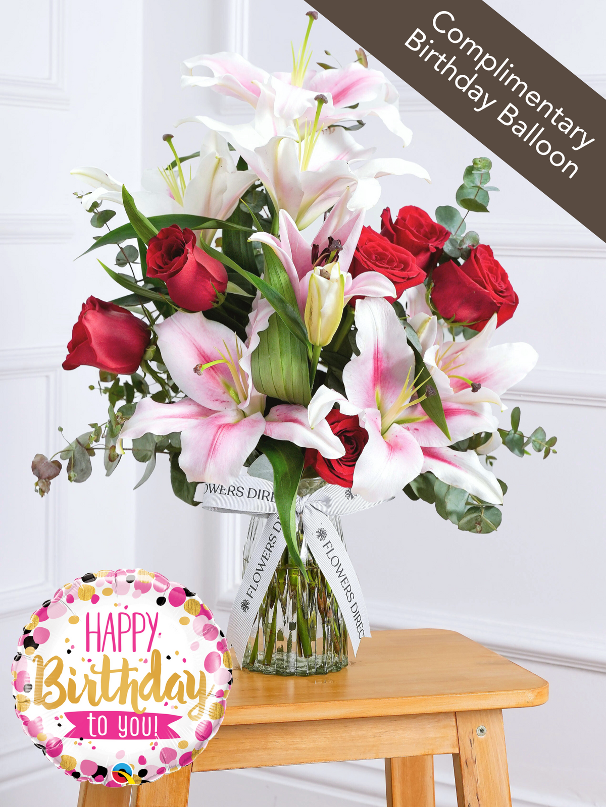 Birthday Red Roses and Pink Lily - Vase (Complimentary Birthday Balloon)