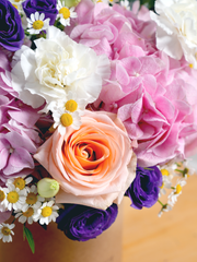 Sweet Pastel Hatbox –  Brighten up any space with our 'Sweet Pastel' arrangement, featuring soft pink hydrangeas, peach...