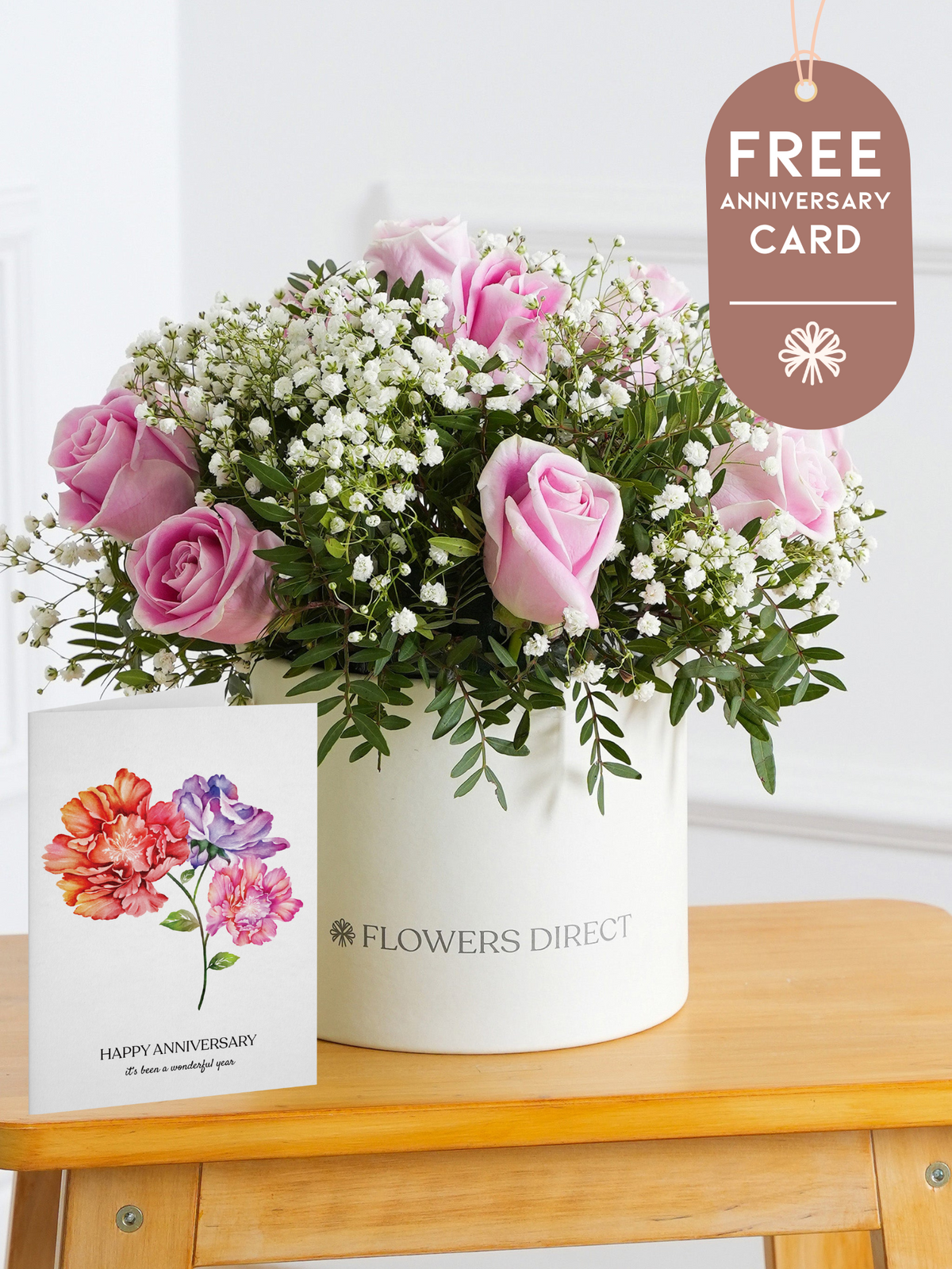 Pink Roses Hatbox with Free Happy Anniversary Card