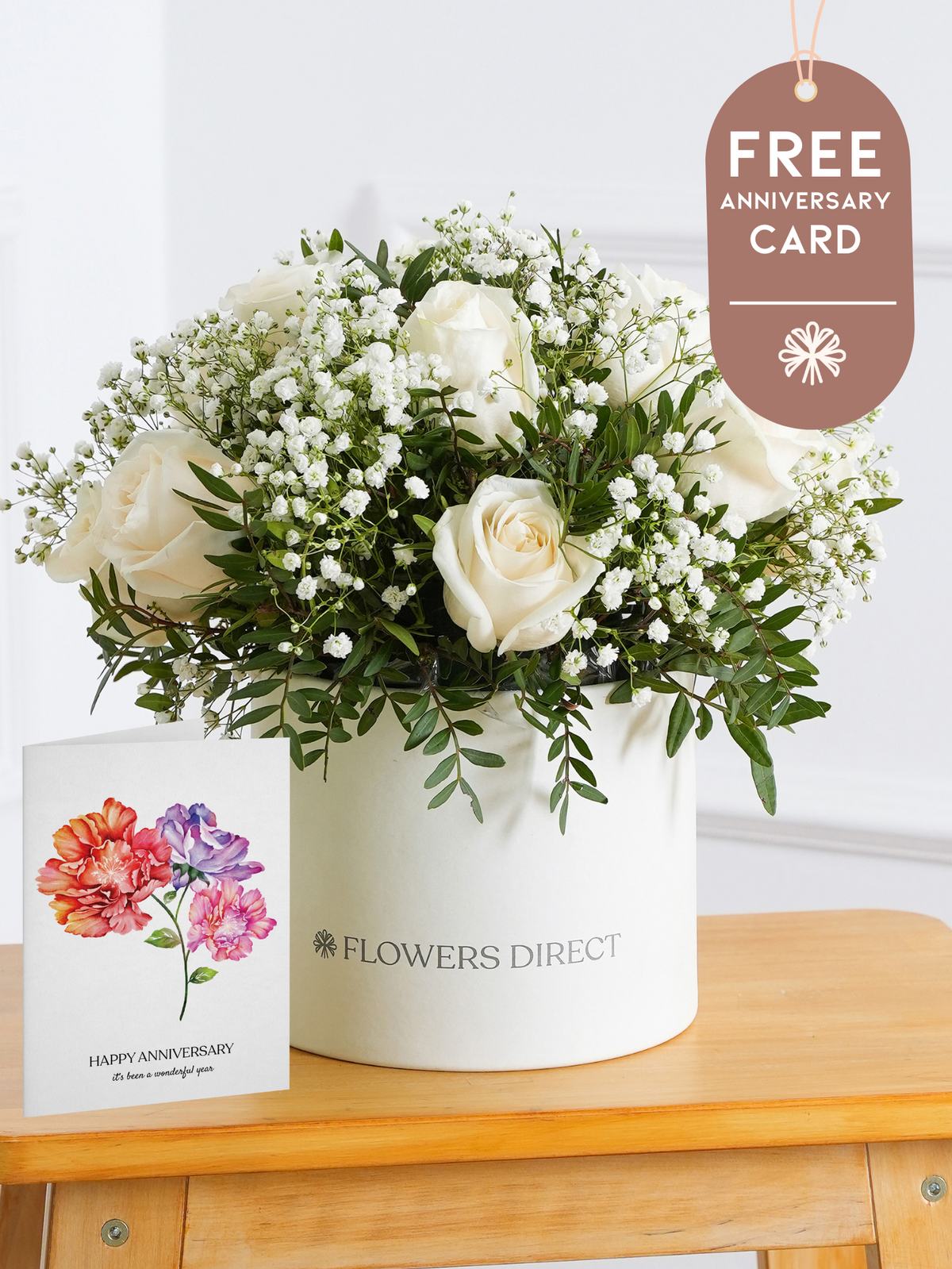 White Roses Hatbox with Free Happy Anniversary Card