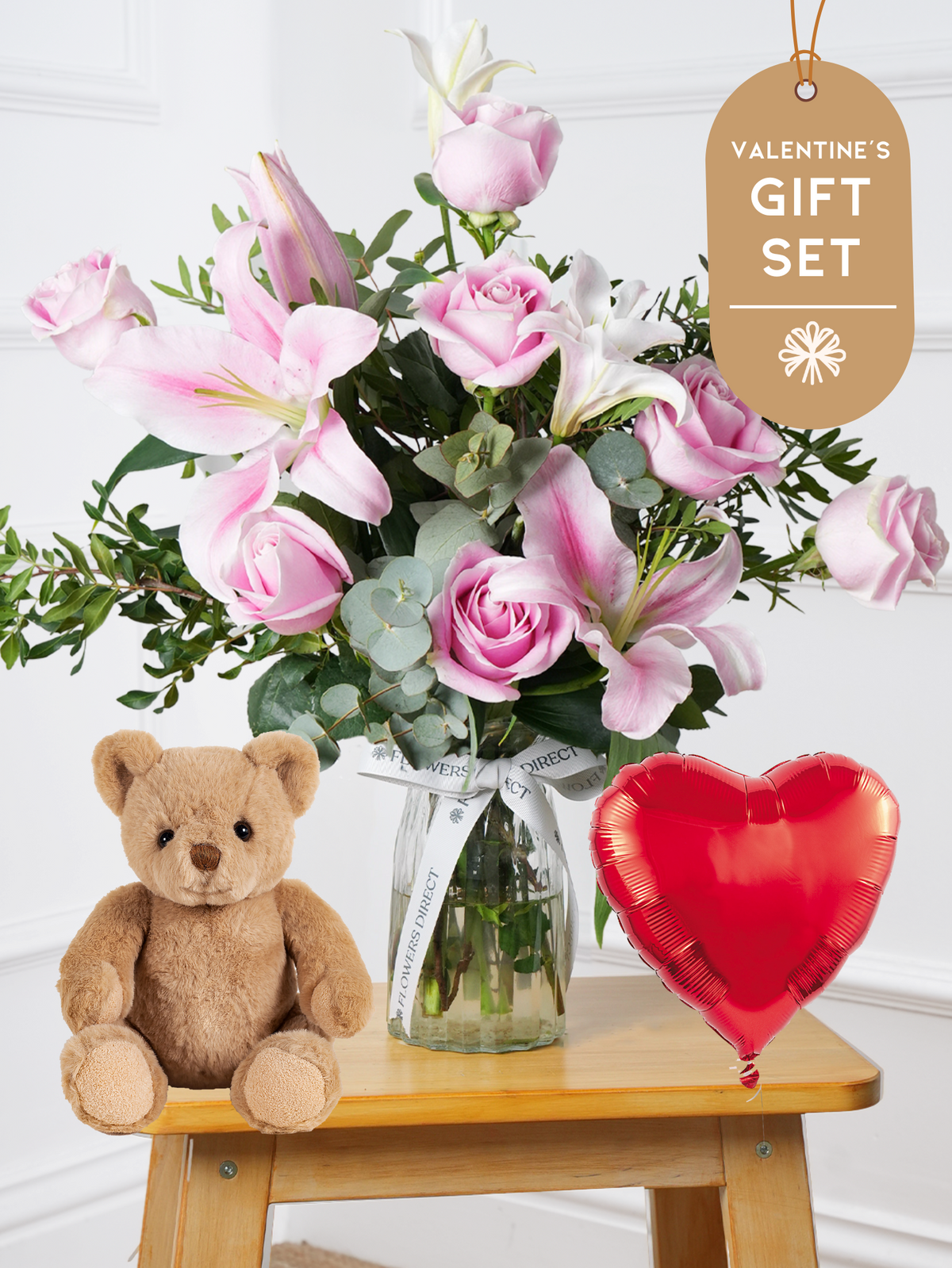 Valentine Pink Roses and Pink Lily - Vase Gift Set