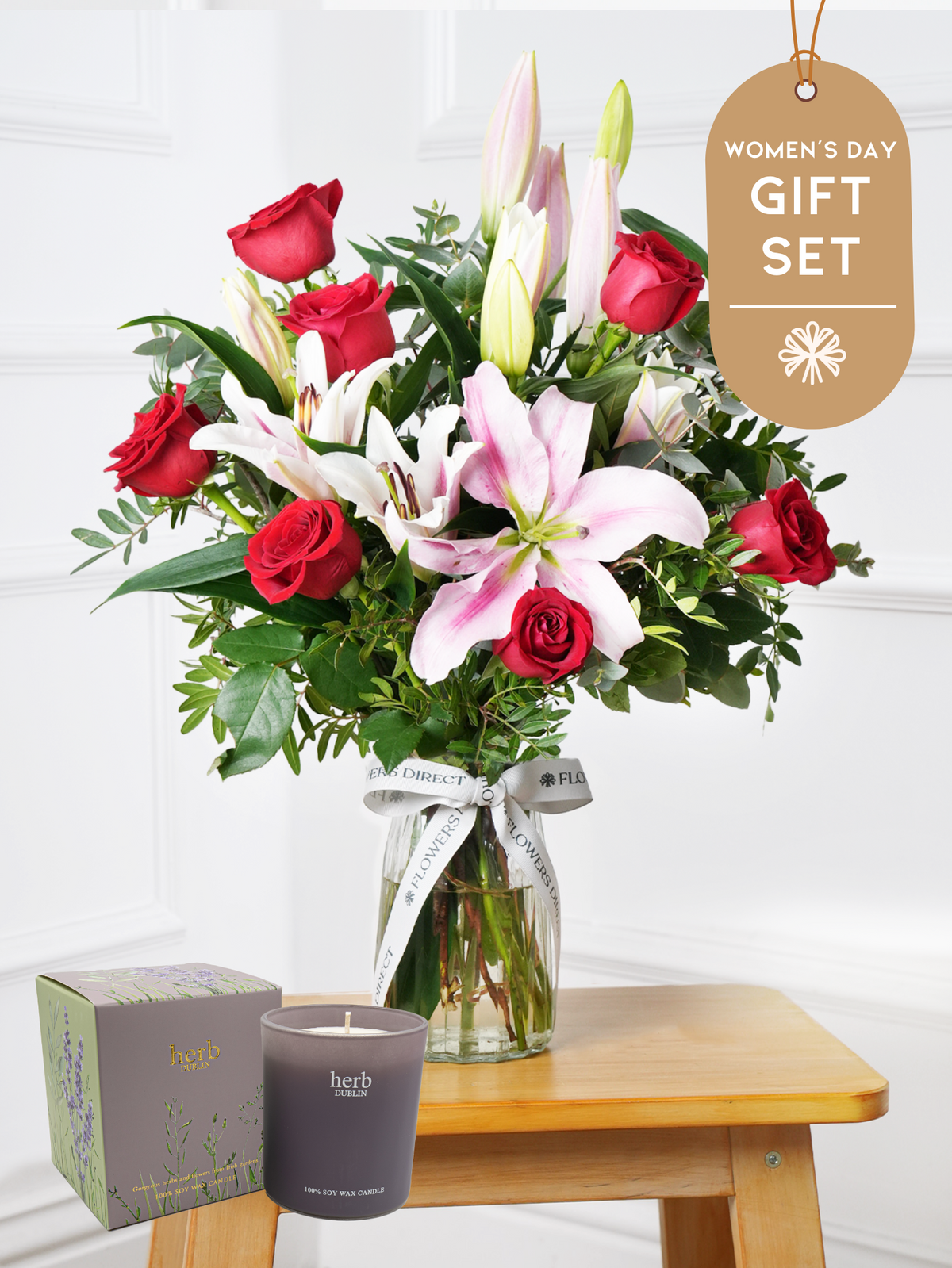 Women&#39;s Day Red Roses and Pink Lily - Vase Gift Set