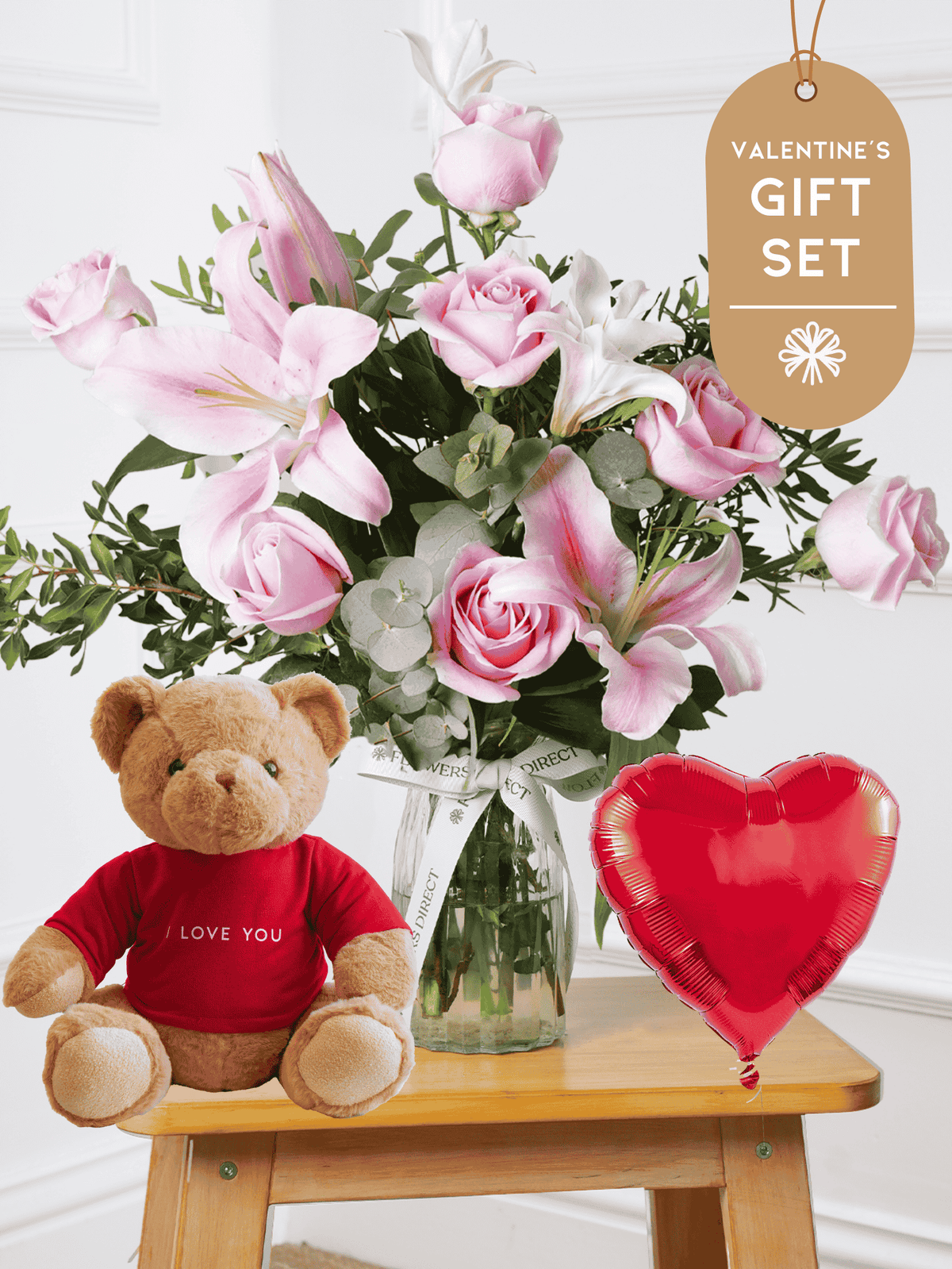 Valentine Pink Roses and Pink Lily - Vase Gift Set