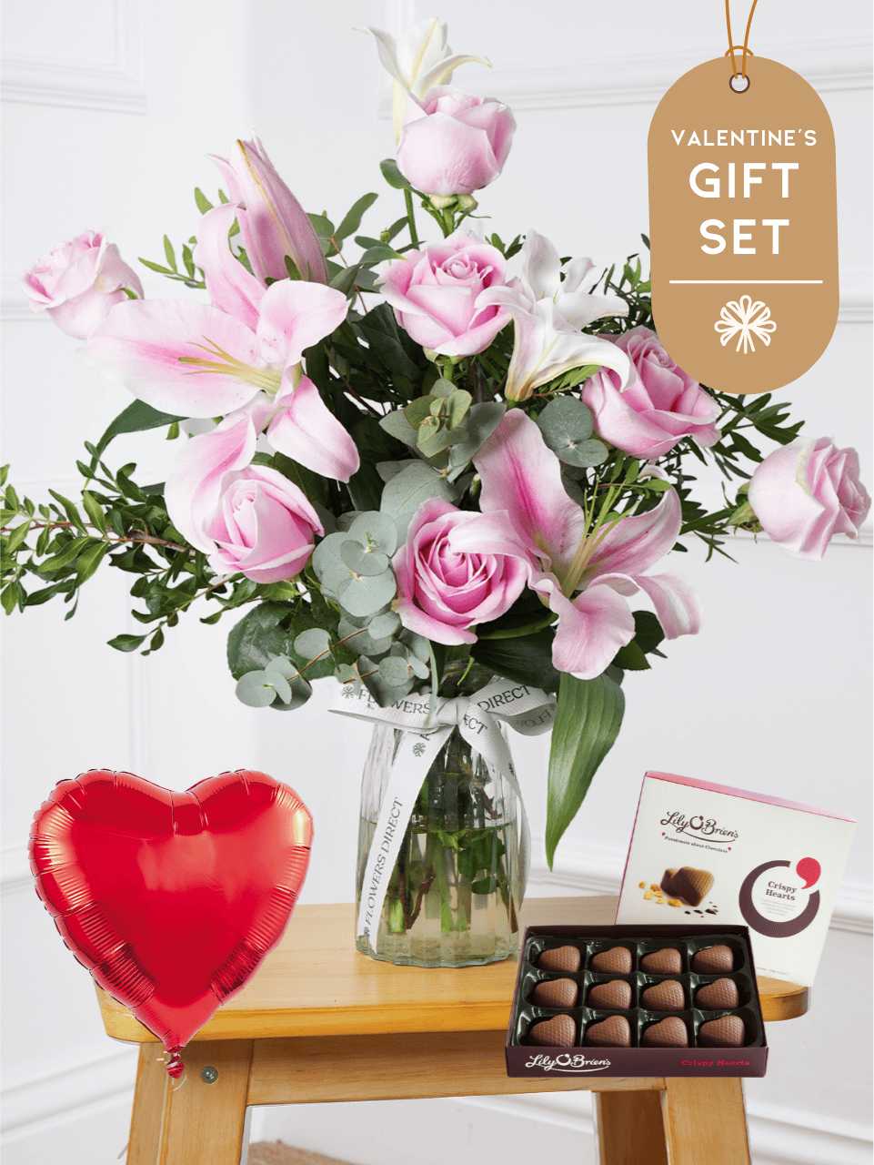 Valentine Pink Roses and Pink Lily - Vase Gift Set