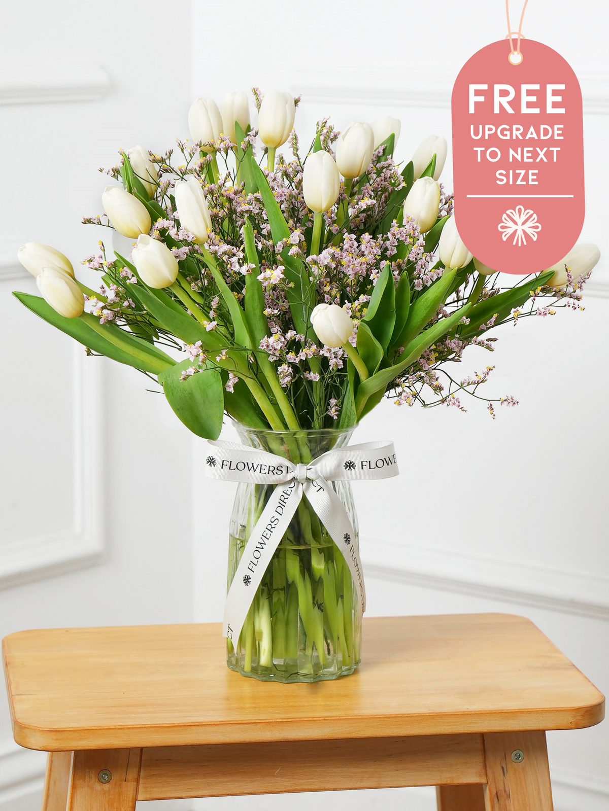 White Tulips - Vase with Free Upgrade to Next Size