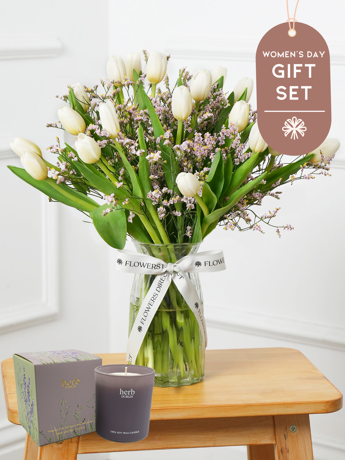 Women&#39;s Day White Tulips - Vase Gift Set